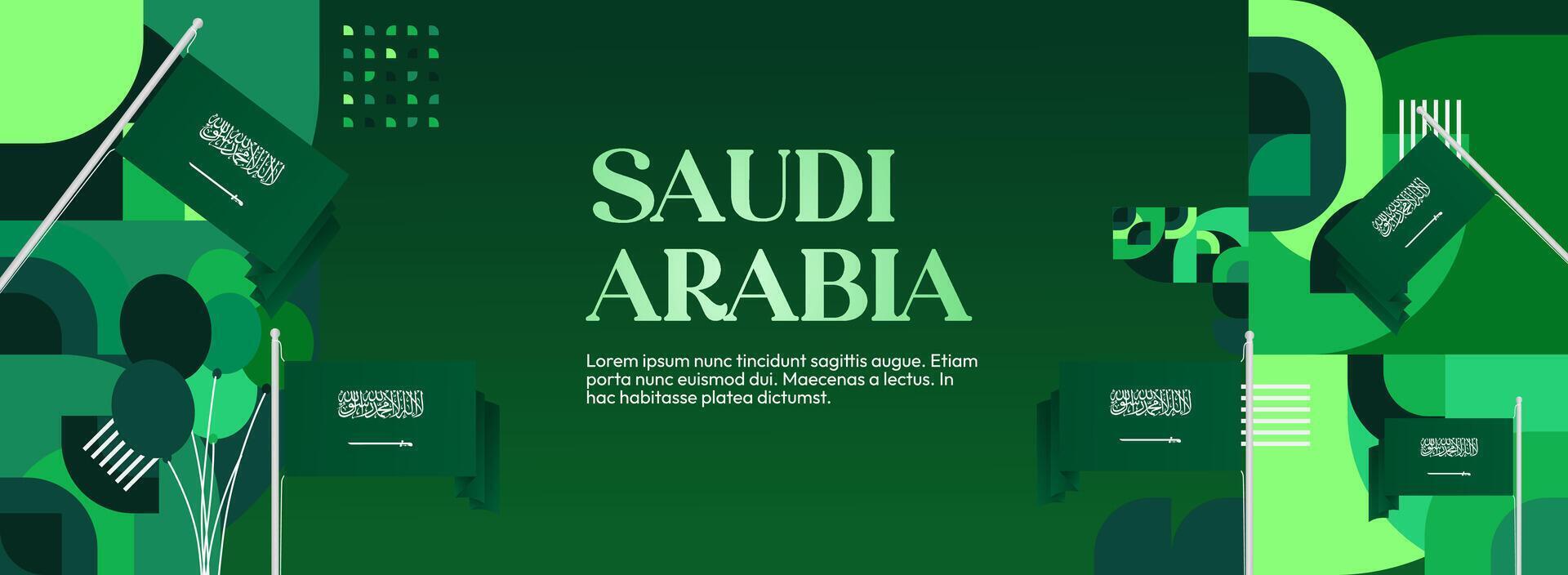 Saudi Arabia National Day banner with green geometric elements, country flag, and modern design, perfect for various national events and major celebrations. vector