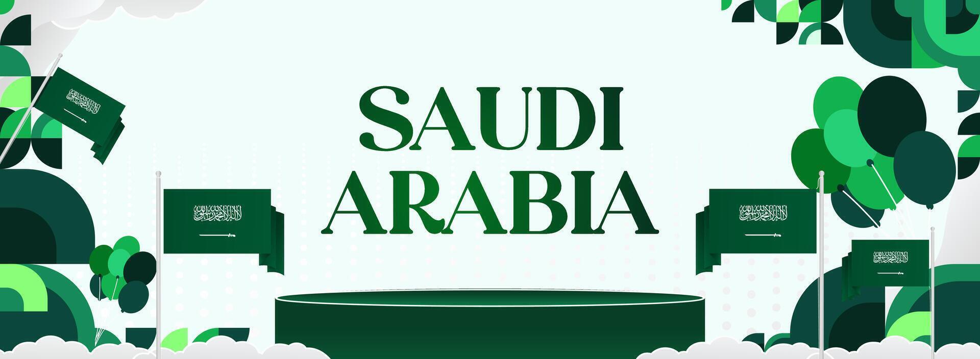 Wide banner with minimalist geometric design and Saudi Arabia flag, suitable for use for various types of national events, from festivals to public advertisements. vector