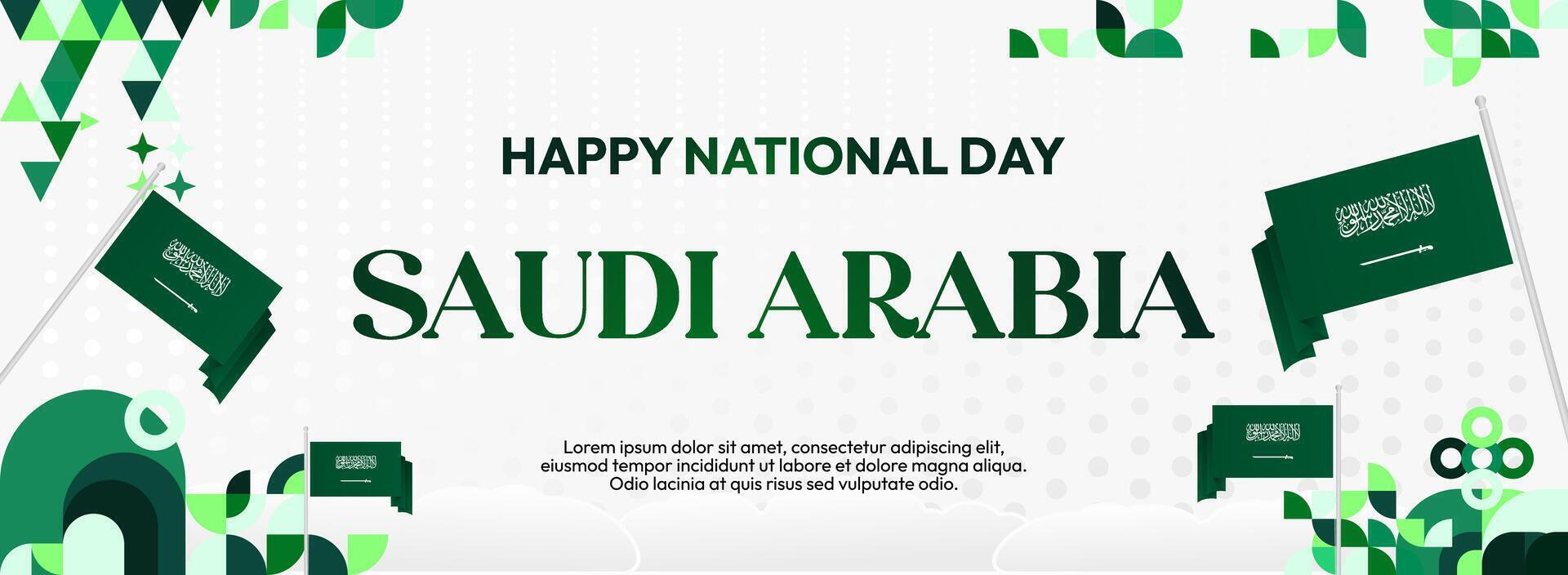 Banner design for Saudi Arabia National Day celebration, with white background and geometric elements combined with the flag, suitable for event stages or promotions. vector