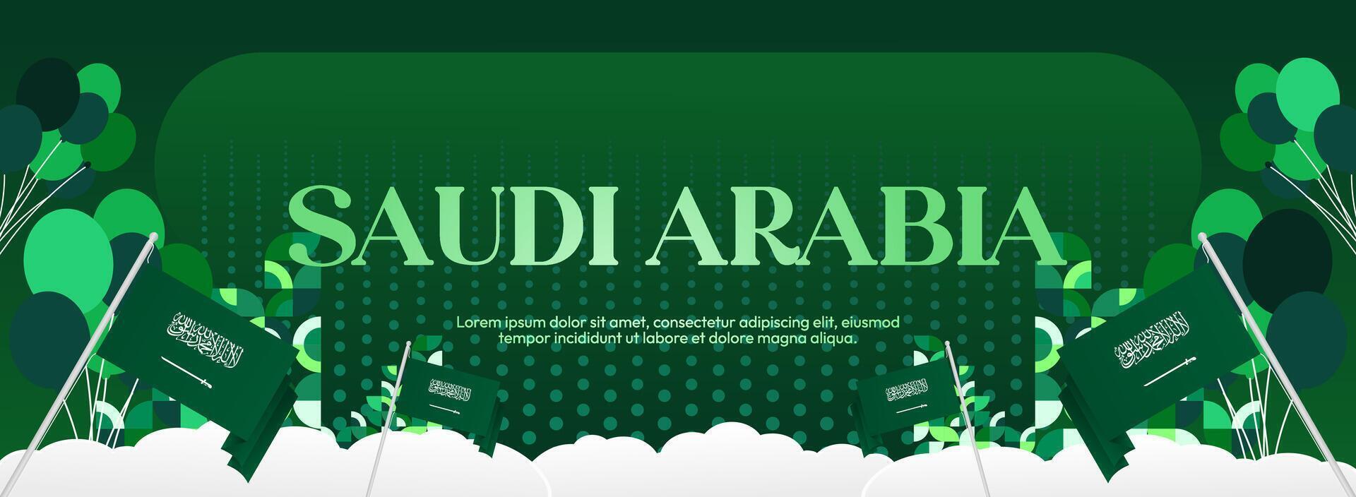 Wide banner with green background and geometric design, featuring Saudi Arabia flag, perfect for use in invitation cards and festival events. vector