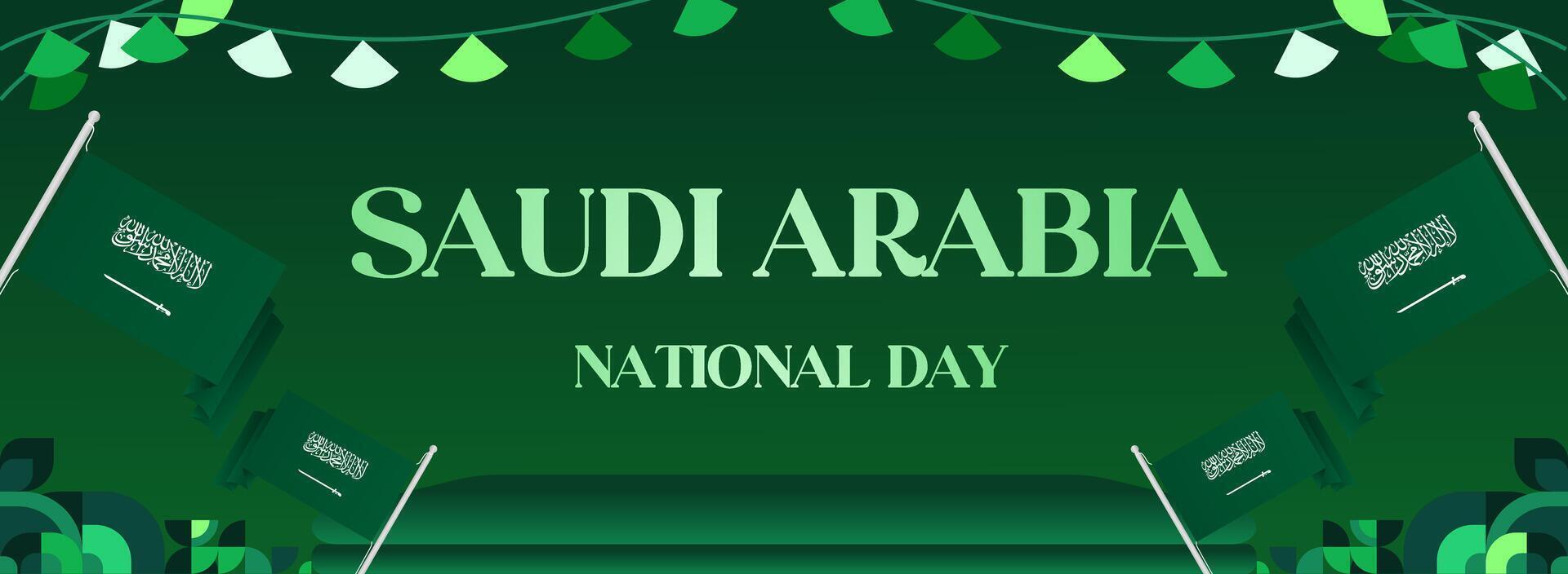 Wide banner design with green geometric elements and Saudi Arabia flag, perfect for use in cultural festival events, posters, or greeting cards. vector