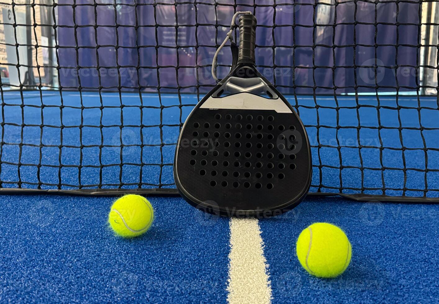 Padel racket. Background with copy space. Sport court and balls. Social media template. Promotion for padel events. photo