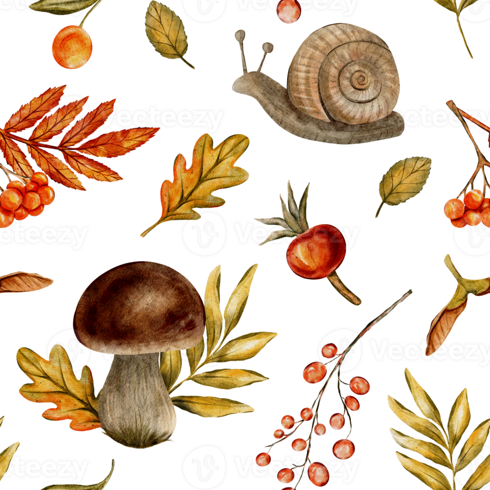 Seamless autumn watercolor pattern with hand drawn snails, mushrooms, leaves, berries, and acorns. Perfect for creating seasonal designs, textiles, packaging, and digital background inspired by nature png