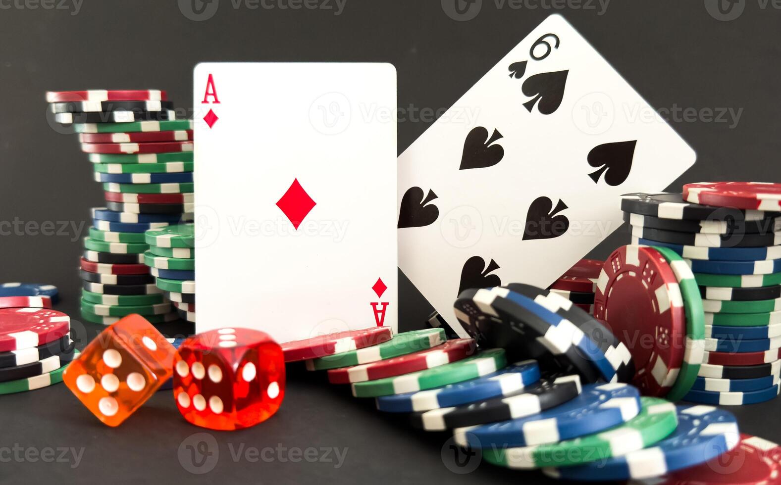 Playing cards on color background, top view. Gambling concept photo