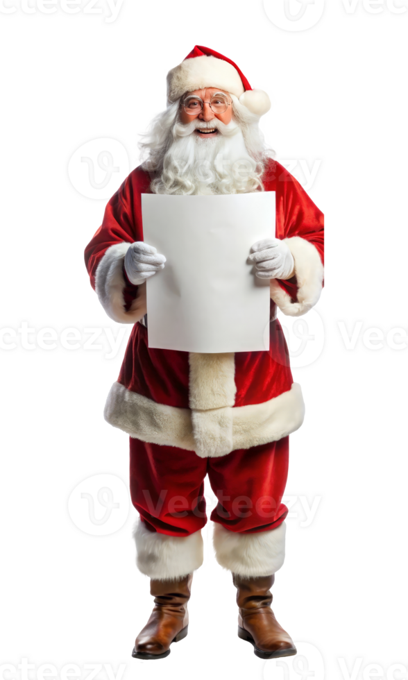 Santa Claus is holding up a white sign and pointing directly at it. Transparent background png