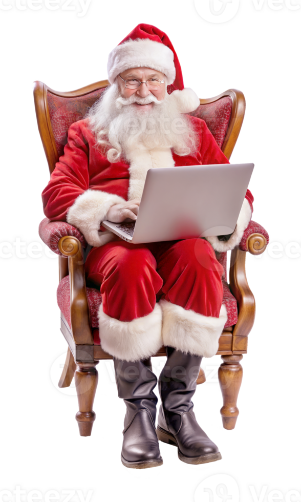 Santa Claus is comfortably sitting in a chair while using a laptop. Transparent background png
