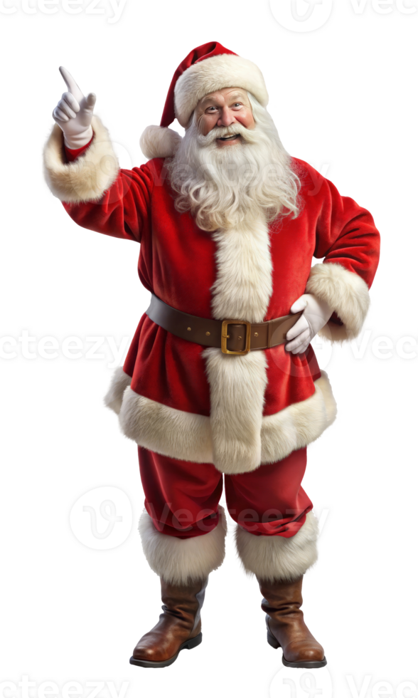 Santa Claus is cheerfully pointing upwards with his finger. Transparent background png