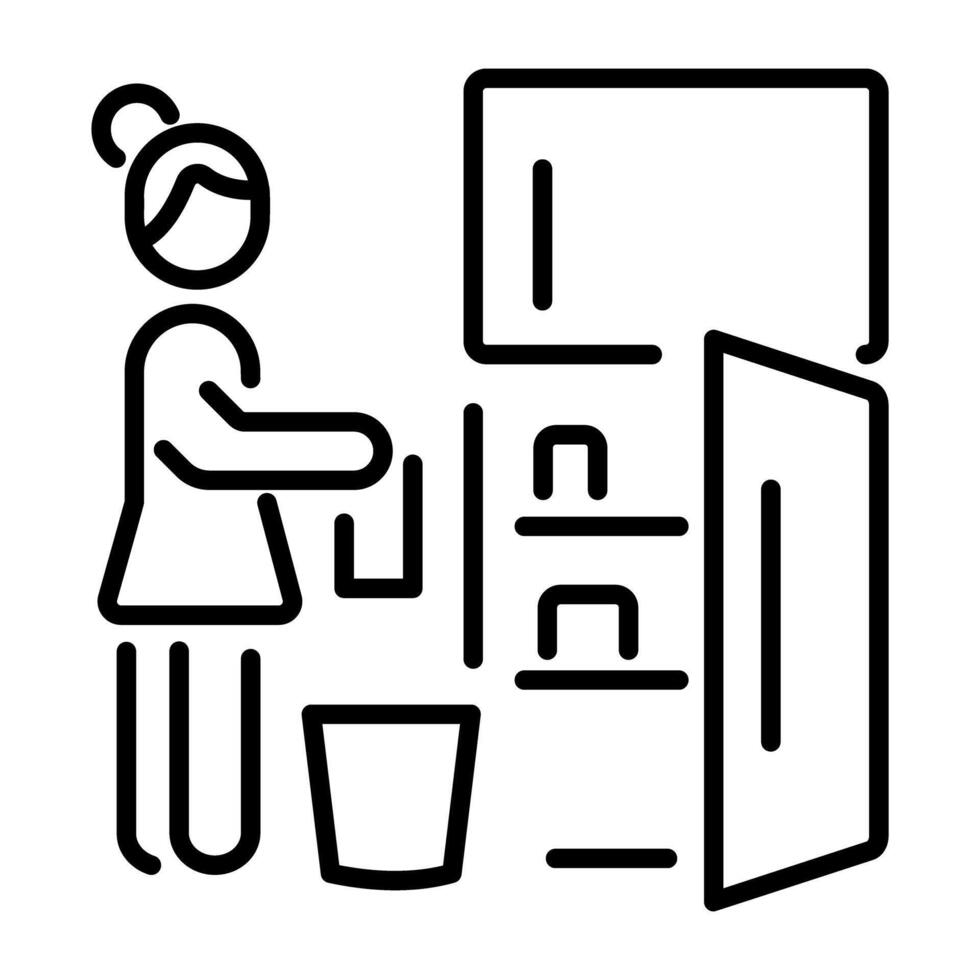 A linear icon of a person cleaning a fridge vector
