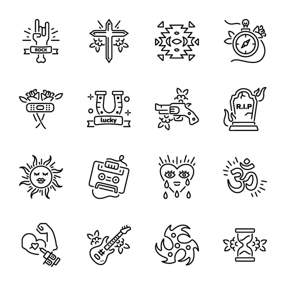 Collection of Linear Style Tattoo Artwork Icons vector