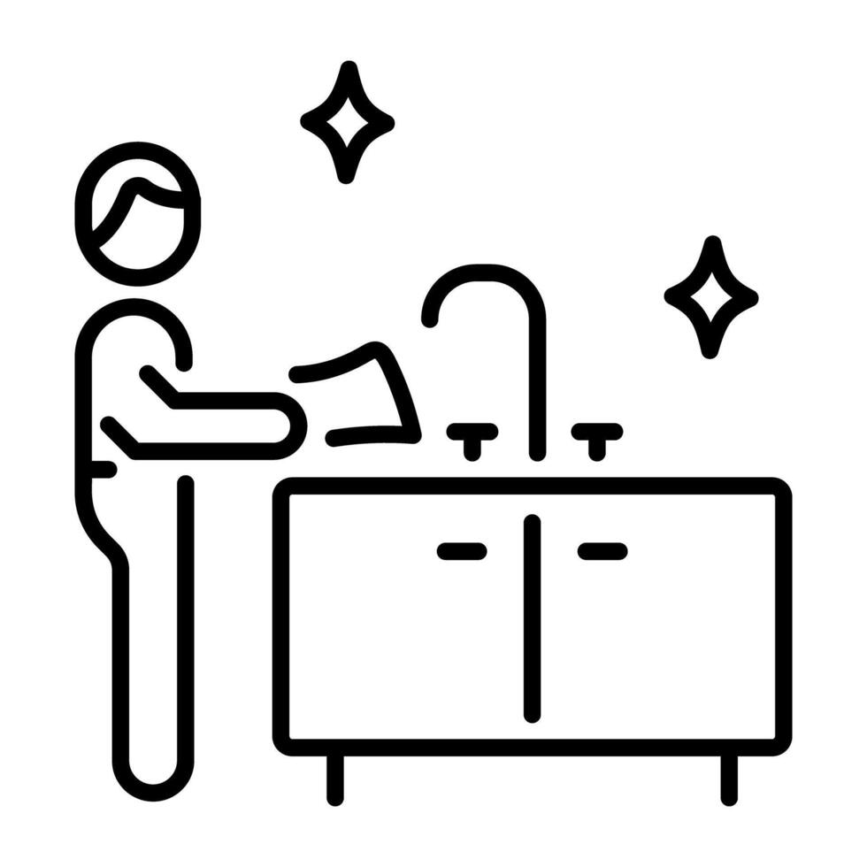 A linear icon of a person cleaning a kitchen sink vector