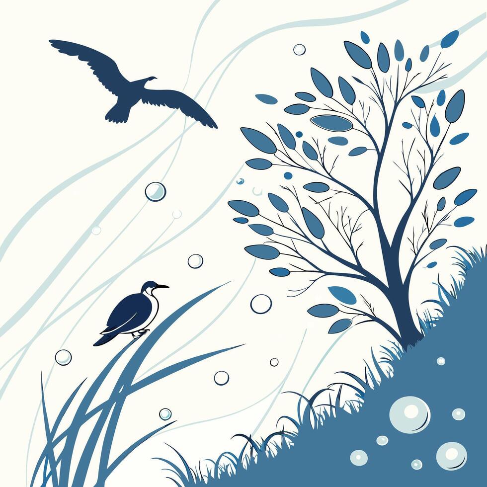 A tranquil nature illustration featuring a soaring bird, a serene tree, and flowing grass under a soft blue sky during a peaceful morning atmosphere vector