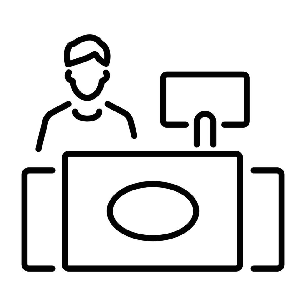A linear icon of a person sitting at a payment counter with a computer monitor vector