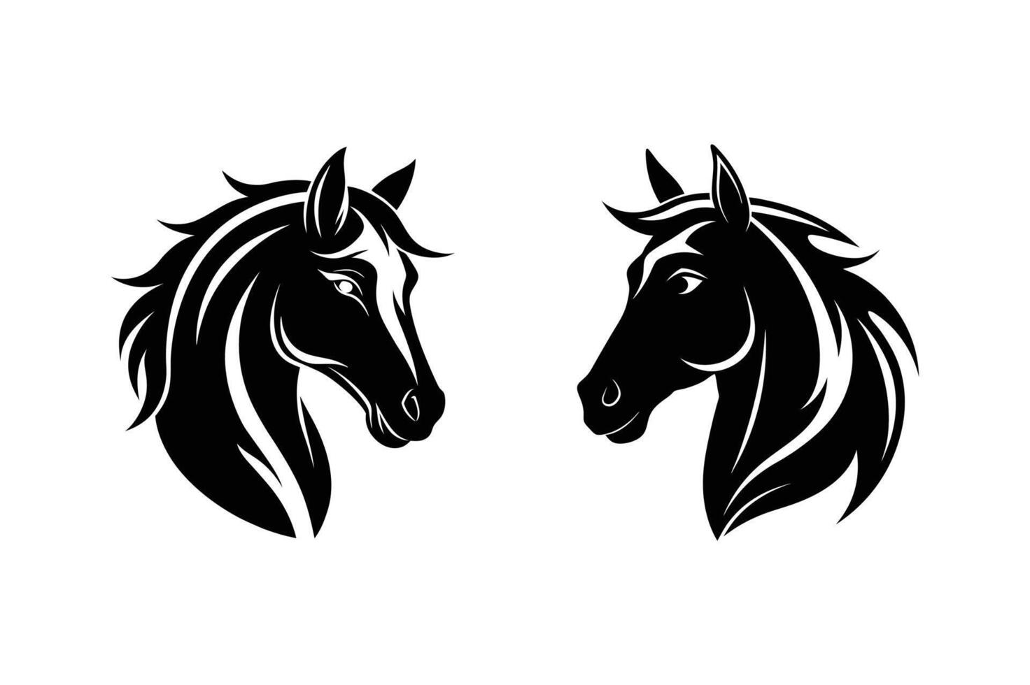 Two Sets Of Silhouette of Horse Head Black Animal Illustration Art. vector