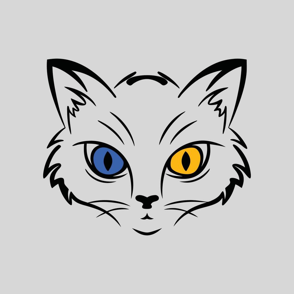 White Cat Face Logo with Heterochromia Illustration Art vector