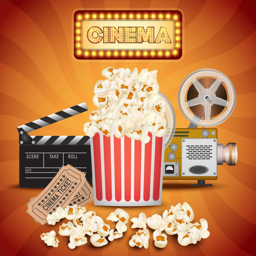 Realistic popcorn on orange background, popcorn concept in cinema and entertainment in cinema. 3D popcorn for Poster design, advertisement, web banner, billboard and etc. vector