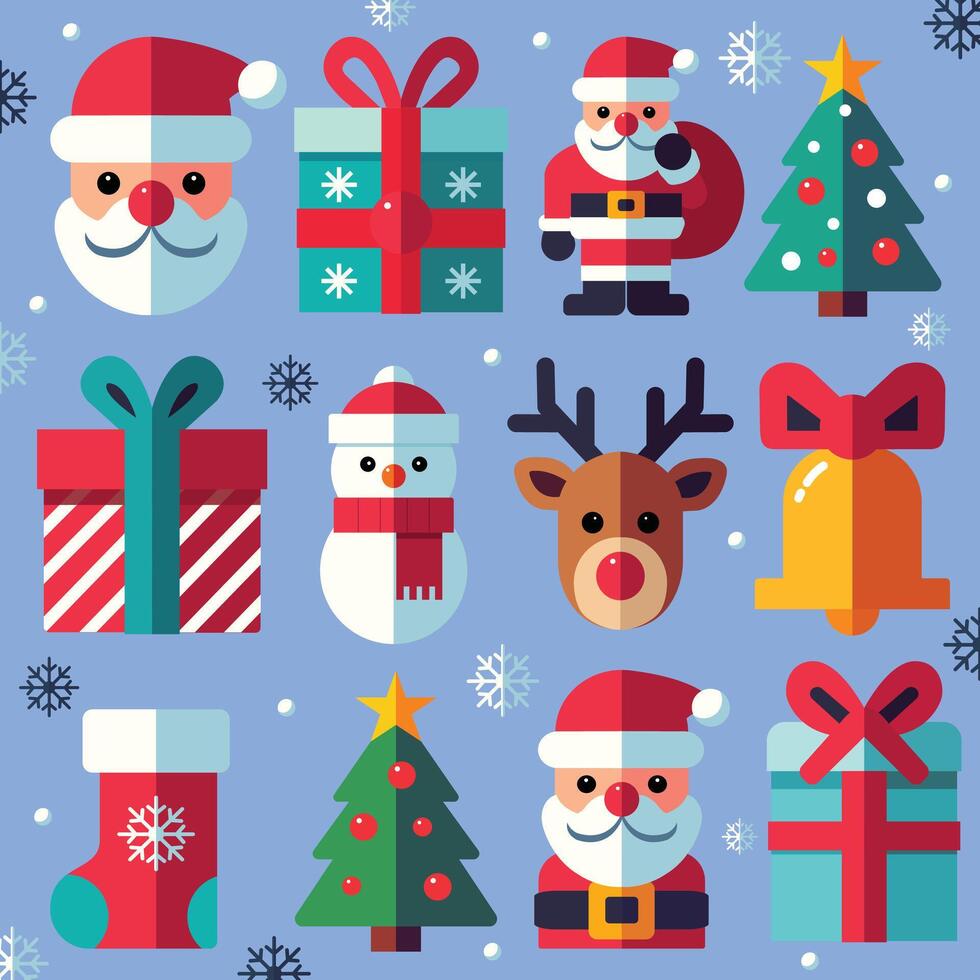 Colorful Christmas Icon Set - Festive Holiday Characters and Elements in Flat Style vector