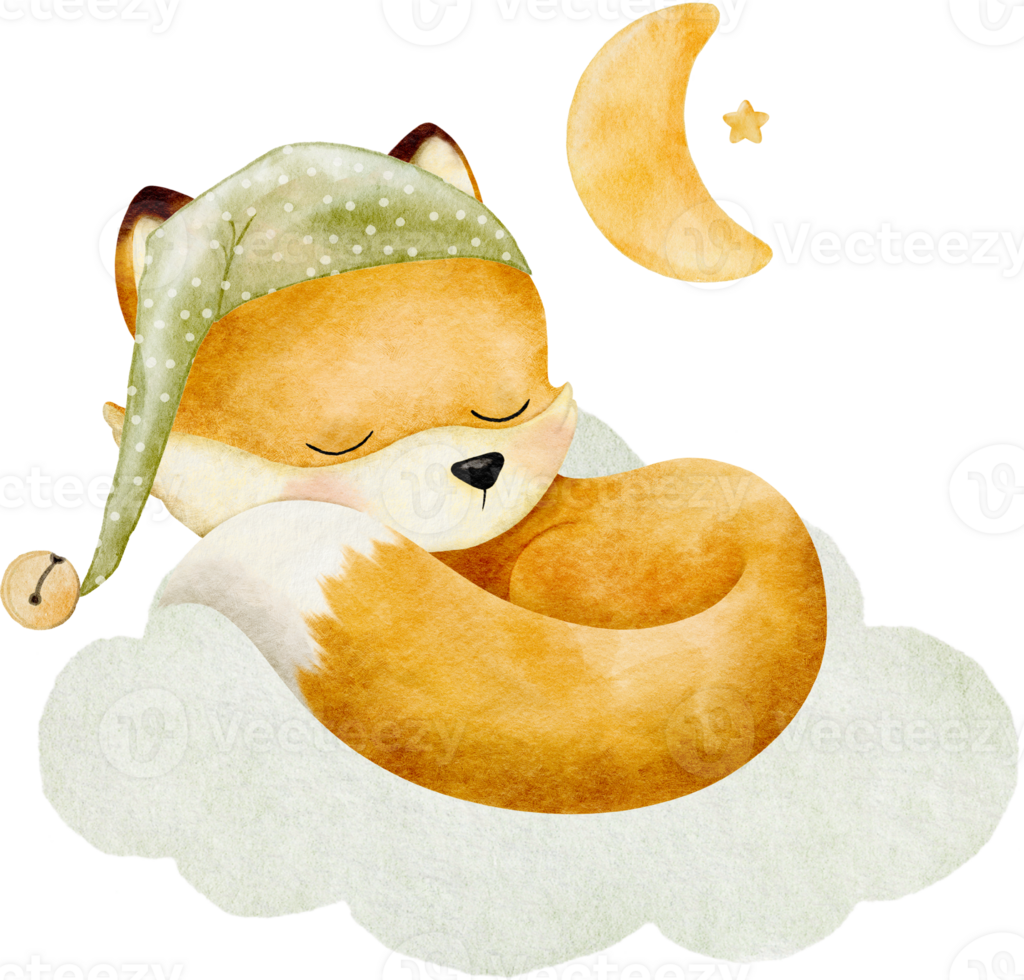 Watercolor fox sleeping on cloud and wearing green sleeping cap png