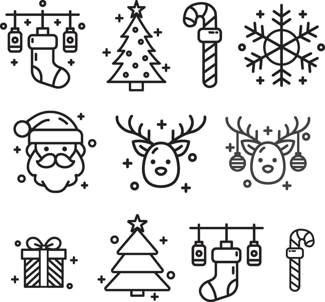 Whimsical Christmas and Holiday Season Line Art Icon Collection for Festive Decorations and Designs vector