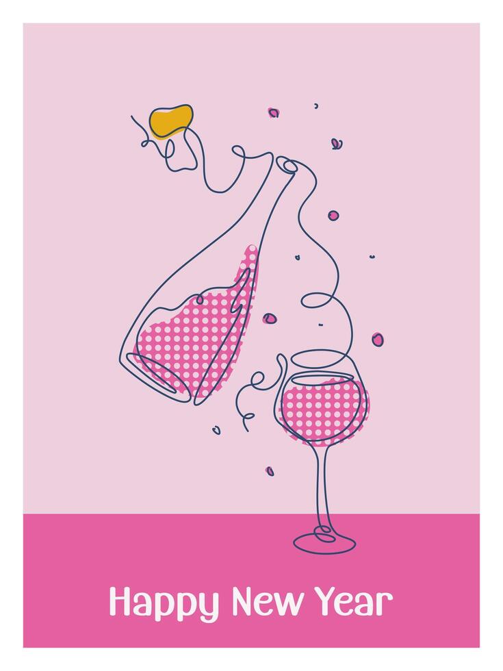 Happy New Year modern print. Line art style poster, card, invitation. Winter holidays design, social media content. Colorful minimalistic illustrations. vector