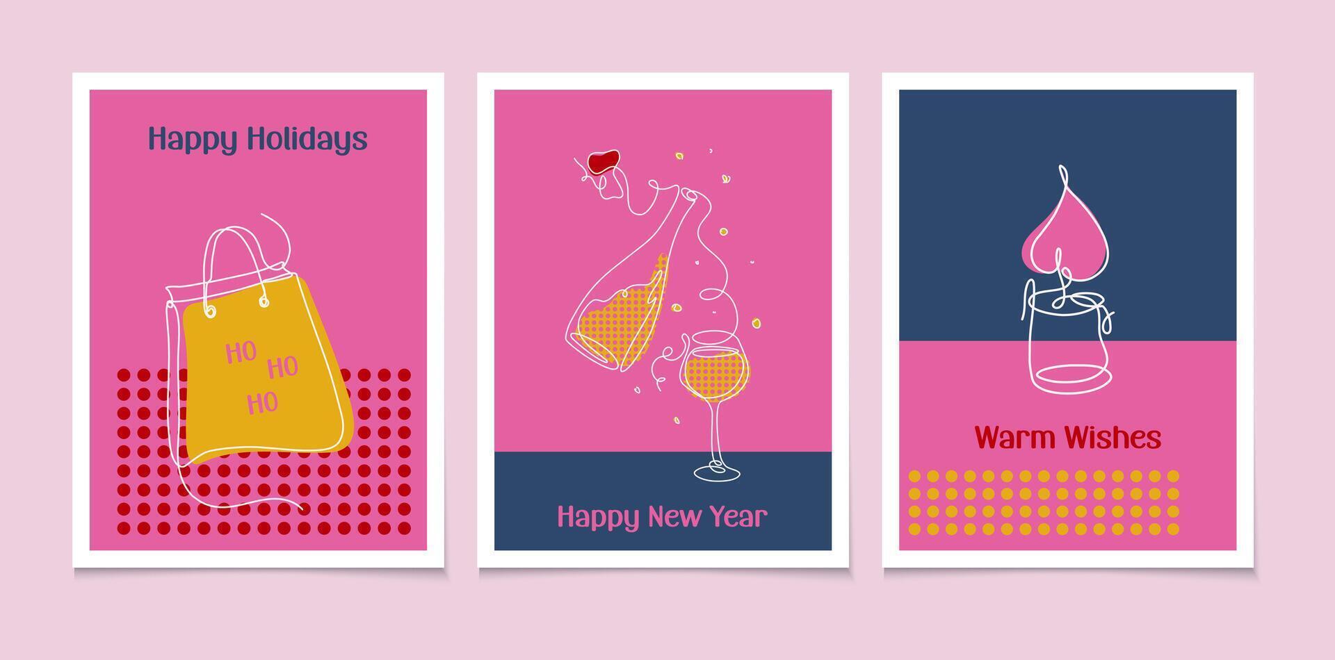 Happy New Year. Collection of modern backgrounds, posters, cards. Line art style holiday design, social media promotional content. Colorful illustrations. vector