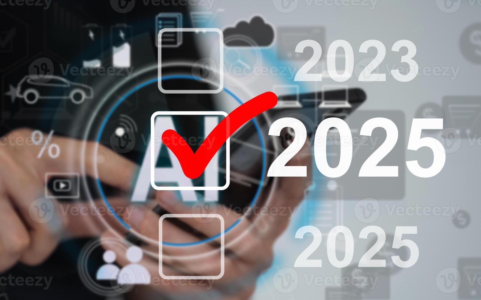 Market trend for 2025. Businessman touching virtual number 2025 for Merry christmas and happy new year concept. End of the old year and start of new business in 2025. photo