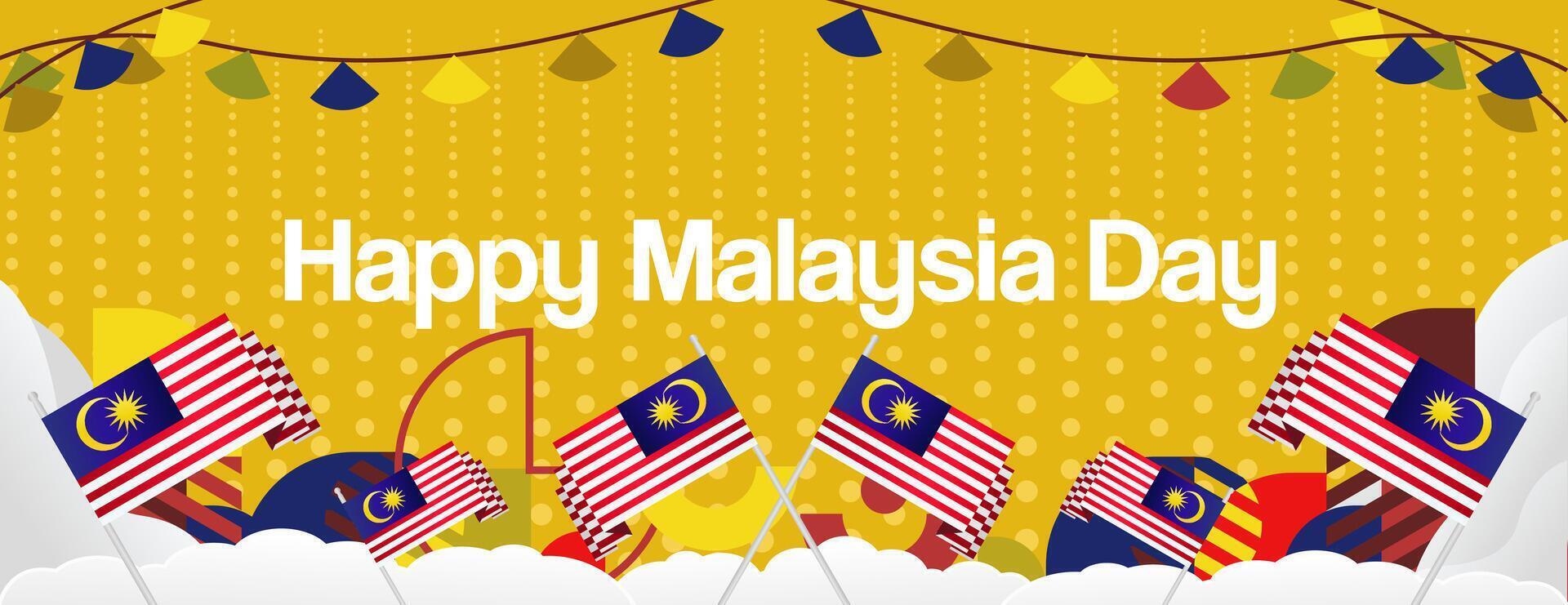 Happy Malaysia Day festivities template illustrations. They are perfect for greeting cards, invitations, and billboards, spreading happiness in a creative way. vector