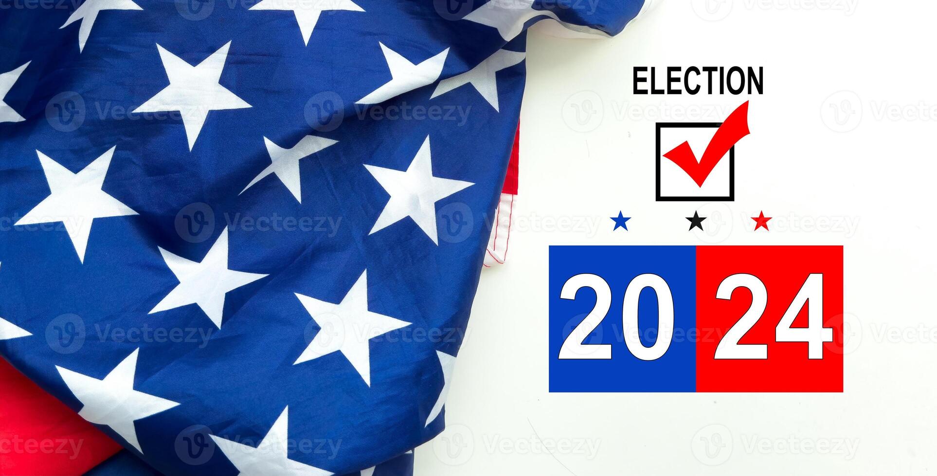 US Voter Registration Application for presidential election 2024. United States voter registration application ready to be filled out, on an American flag background for upcoming election. photo