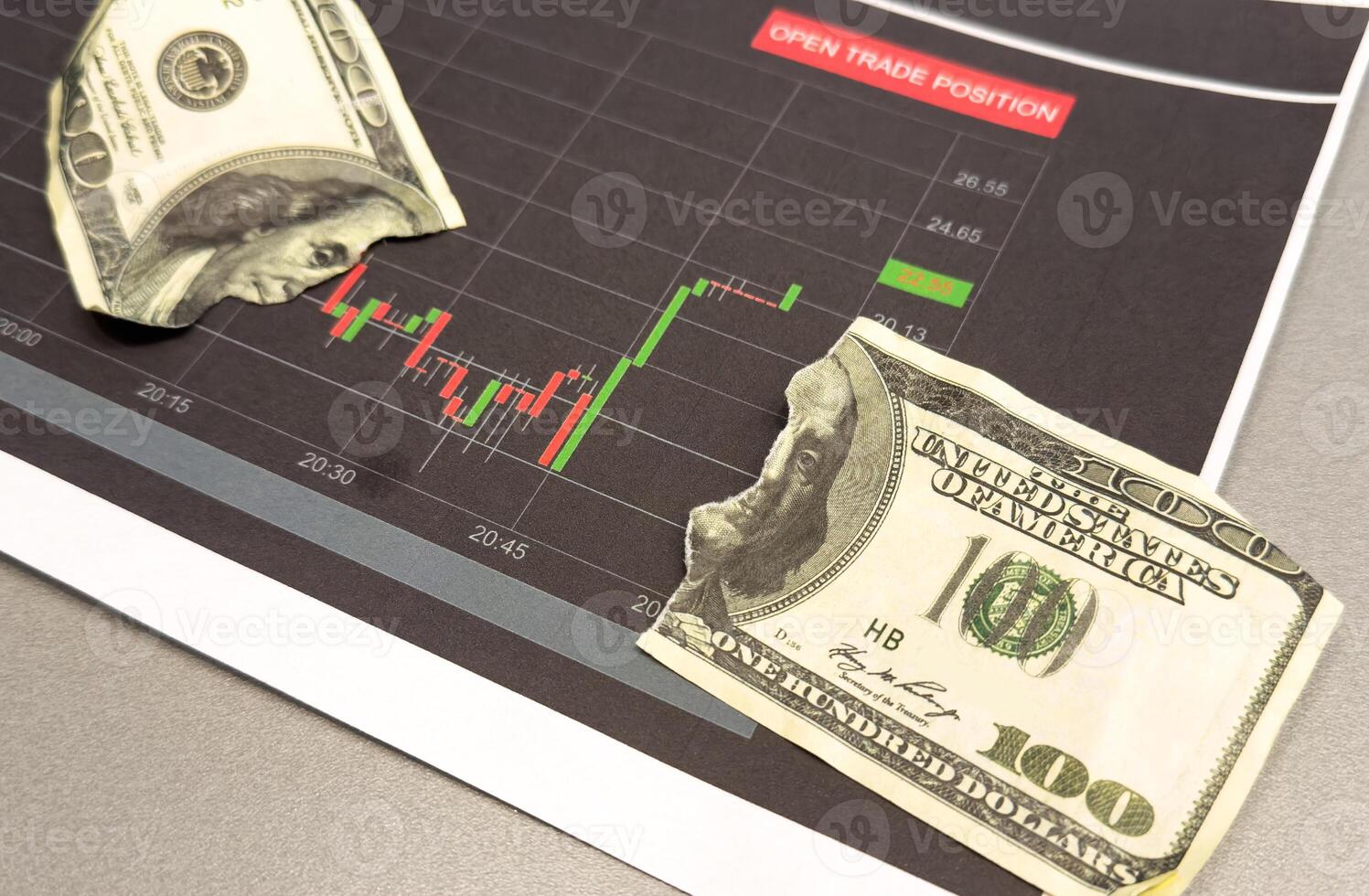 Inflation World economics and inflation control concept. Torn bills revealing Inflation words. Idea for FED consider interest rate hike, US dollar inflation. photo