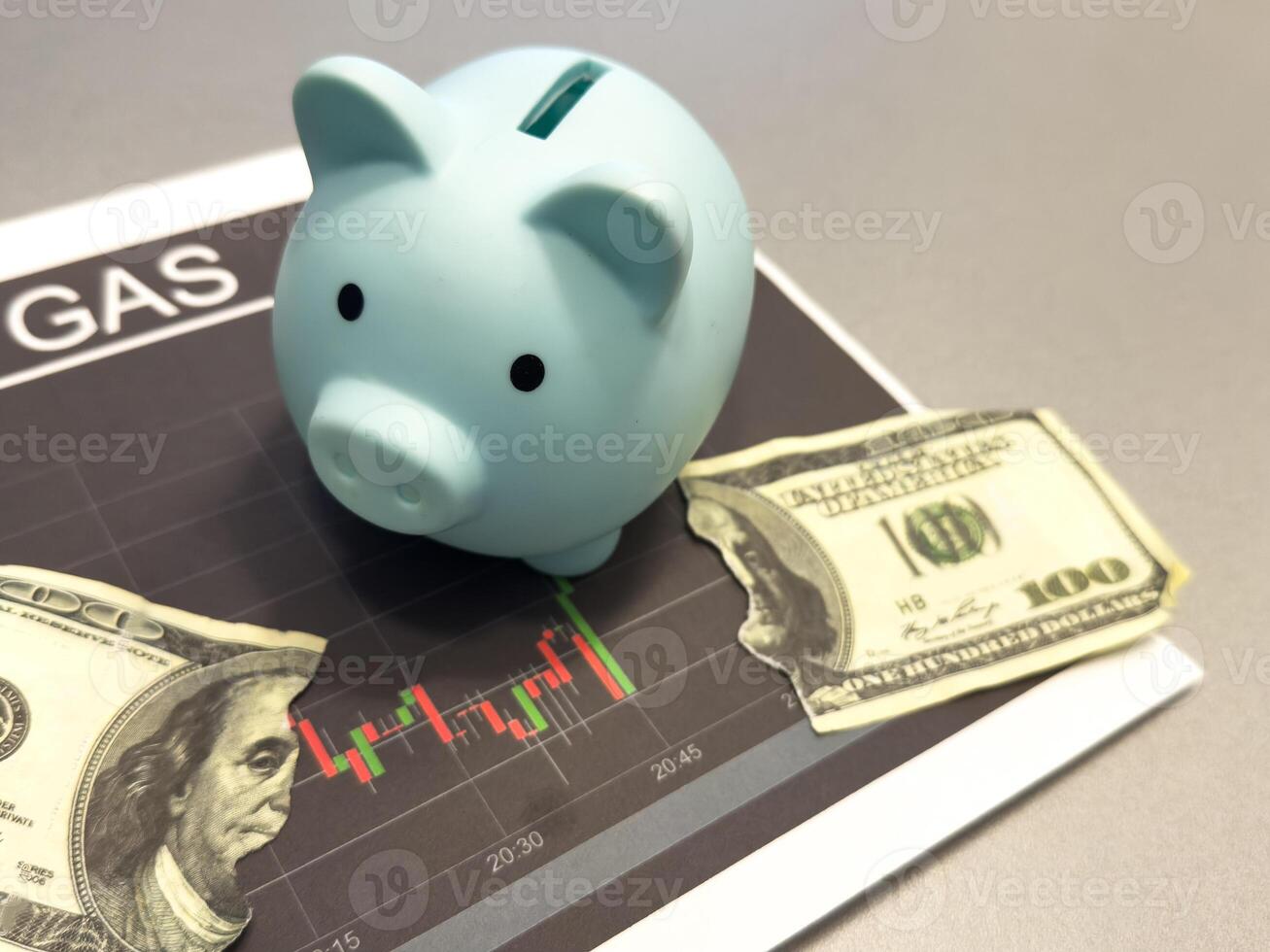 Piggy bank investment with a graph of investment returns in the background. Concept for financial security and savings. photo