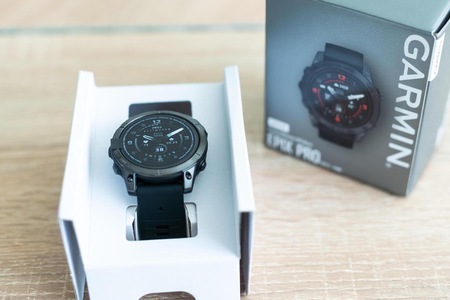 Kyiv, Ukraine, September 29, 2023. Garmin Fenix 7 Solar smart watch box on white background photo