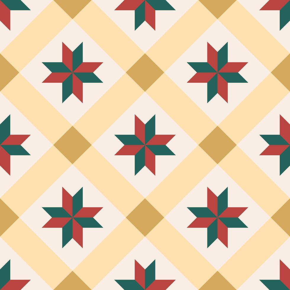 Christmas block star with gold border, vintage seamless pattern for tile, wrapping paper, background and decoration. vector