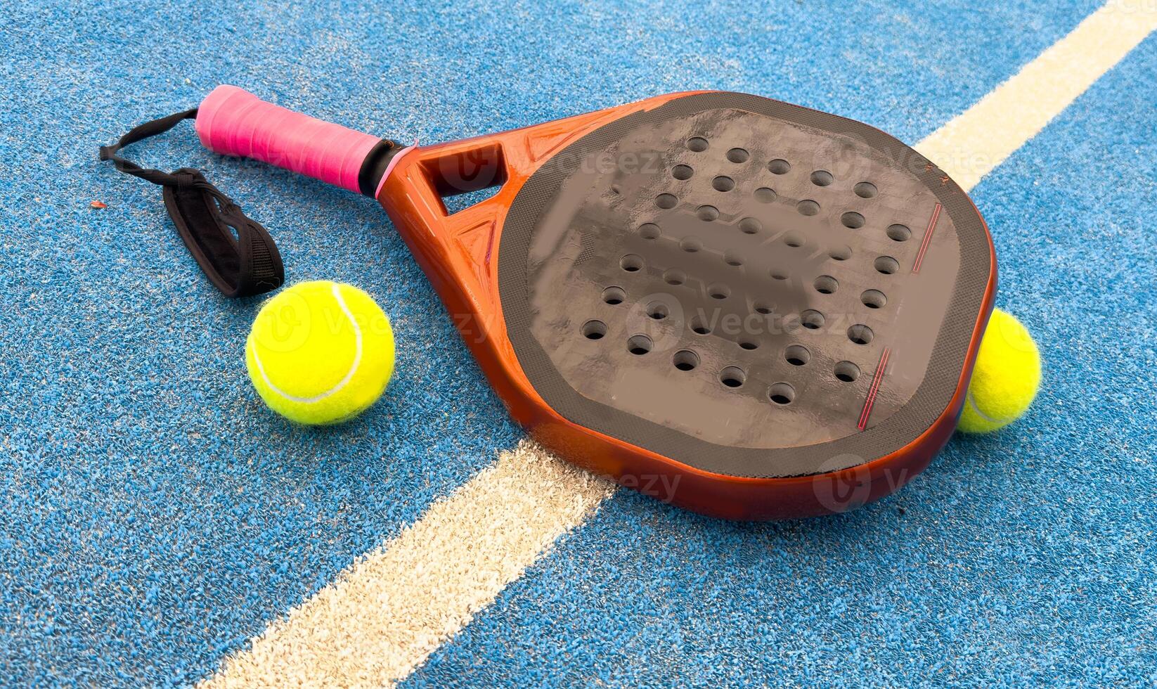 professional paddle tennis racket with natural lighting on court background. Horizontal sport theme poster, greeting cards, headers, website and app photo