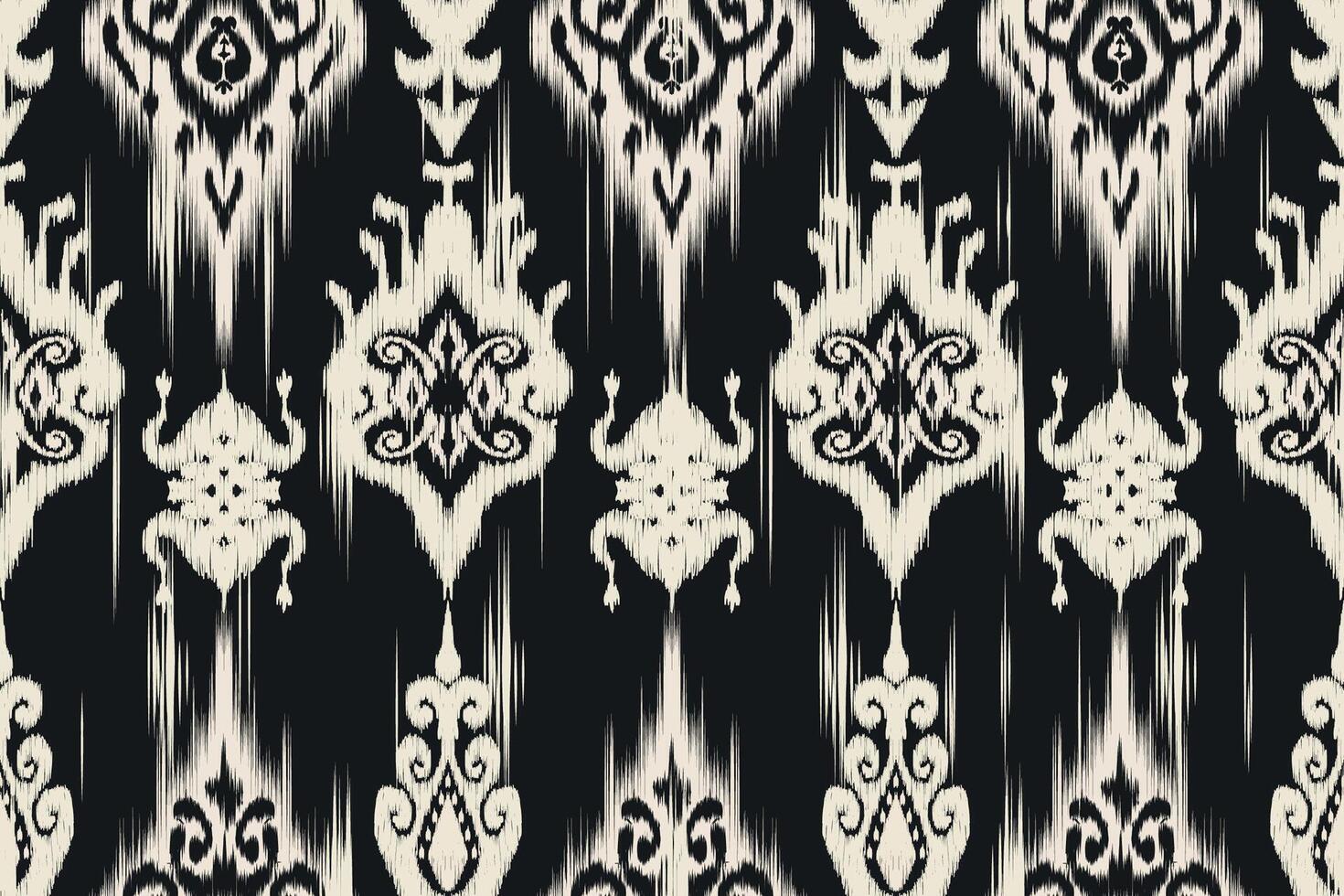 The black and white Ikat patterned fabric is inspired by nature and reflects the intricacy of traditional weaving art. vector