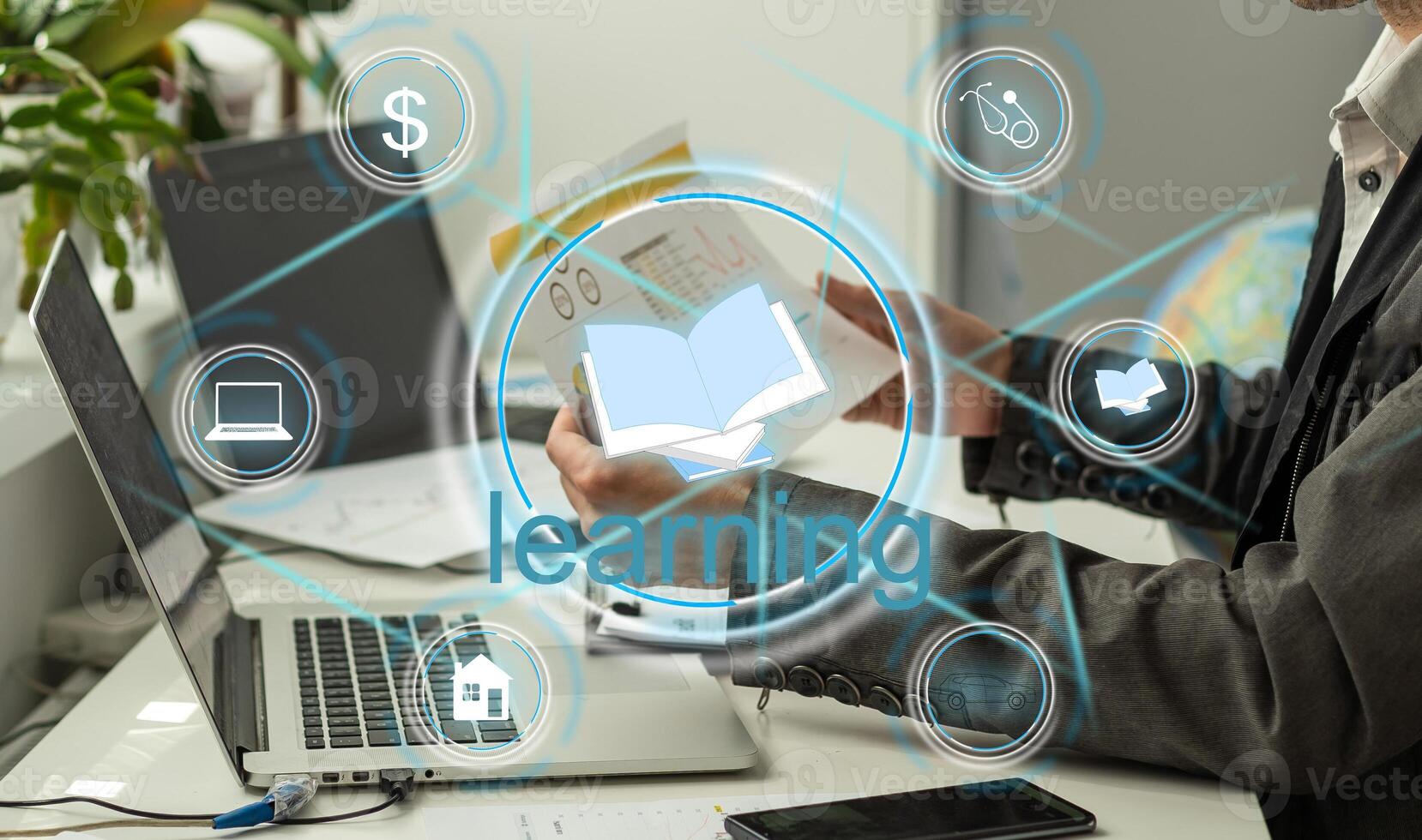 E-Learning Concept. Businessman Holding Holographic World Globe And Text Over Black Background. Collage, Cropped photo