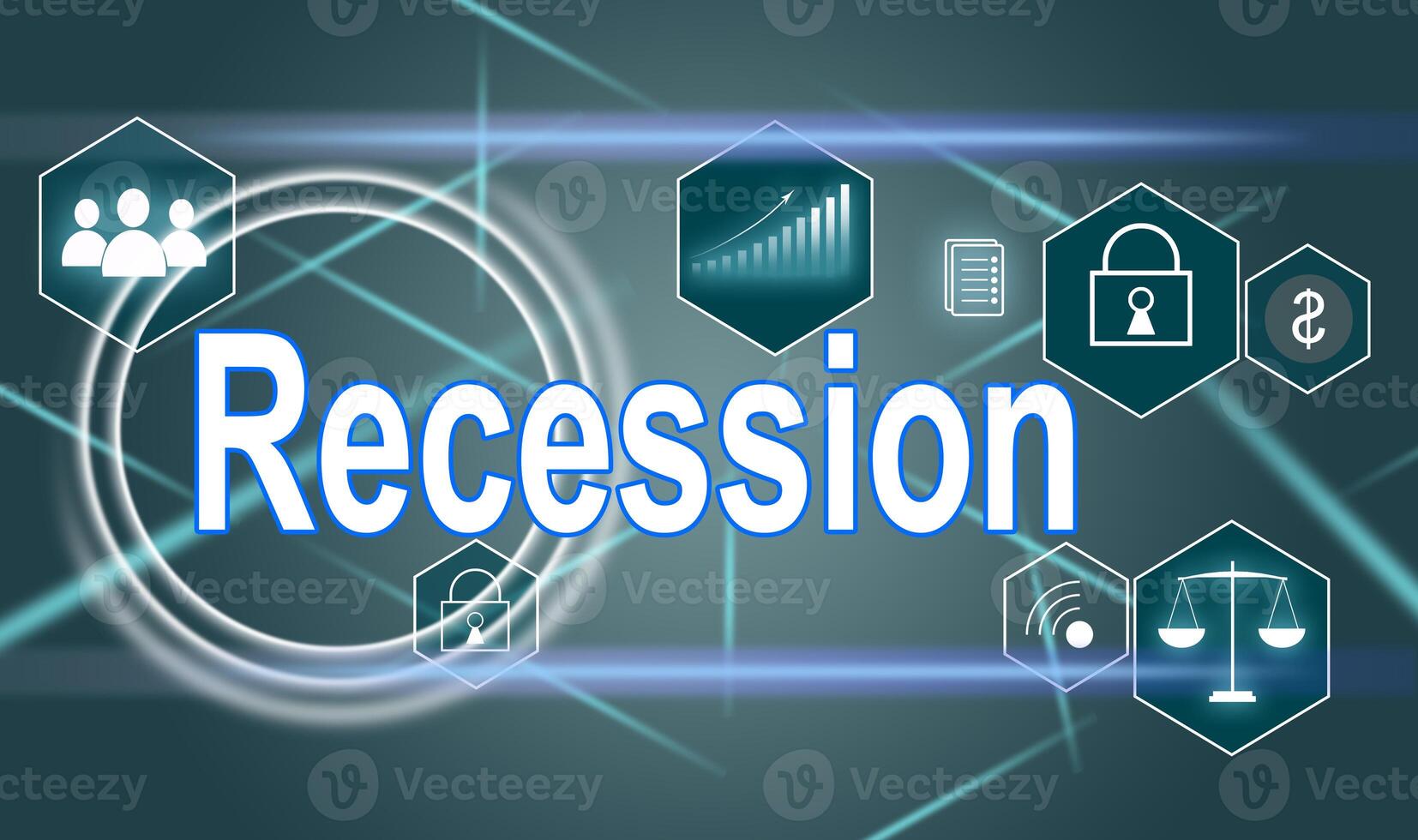 virtual touch screen of future and sees word. recession. Currency Depreciation Concept. Financial crisis, recession and depression. photo