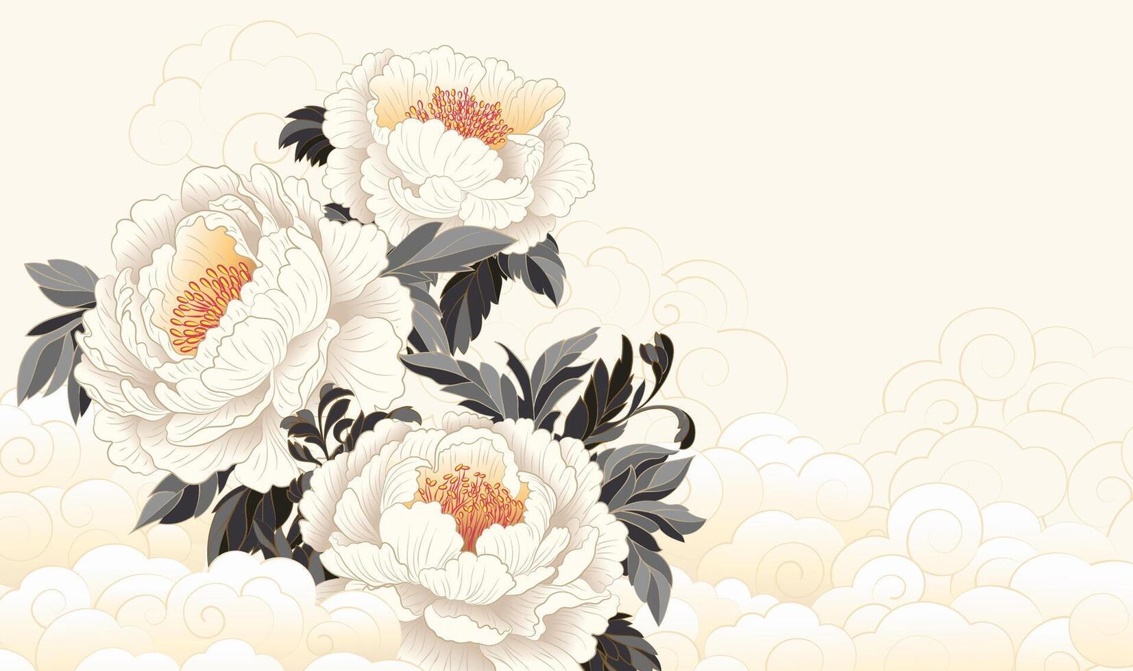 Hand painted Chinese style banner peonies in full bloom surrounded by clouds vector