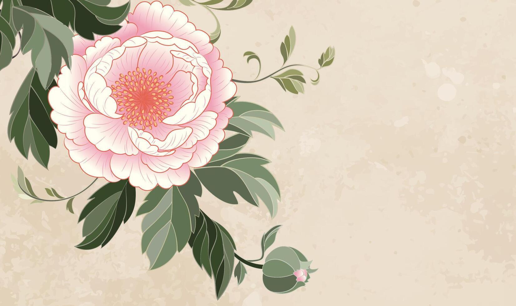 Hand painted Chinese style banner with pink peony illustration vector