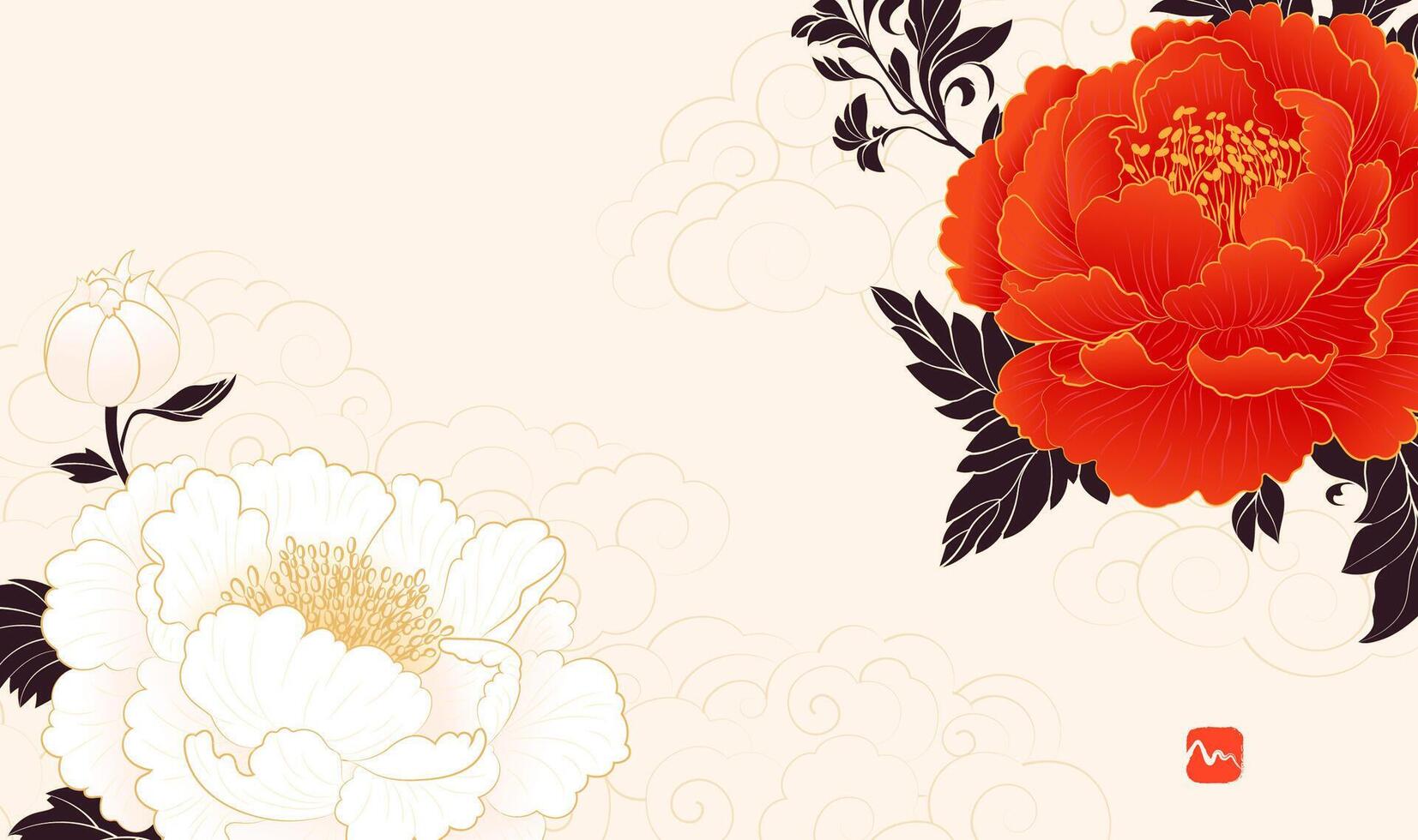 Hand painted Chinese style banner with white and red peony flowers in full bloom vector