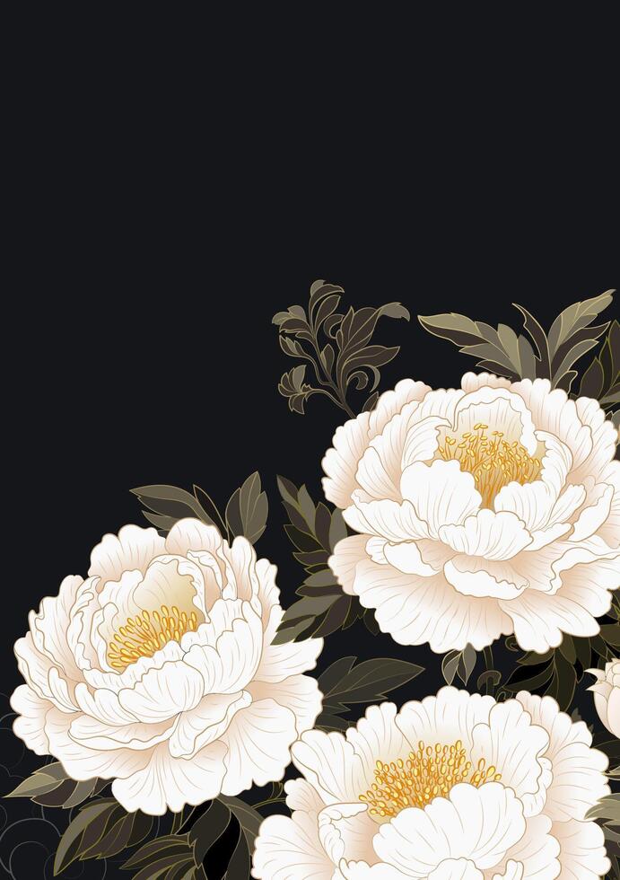 Chinese style poster white peonies blooming on a black background vector
