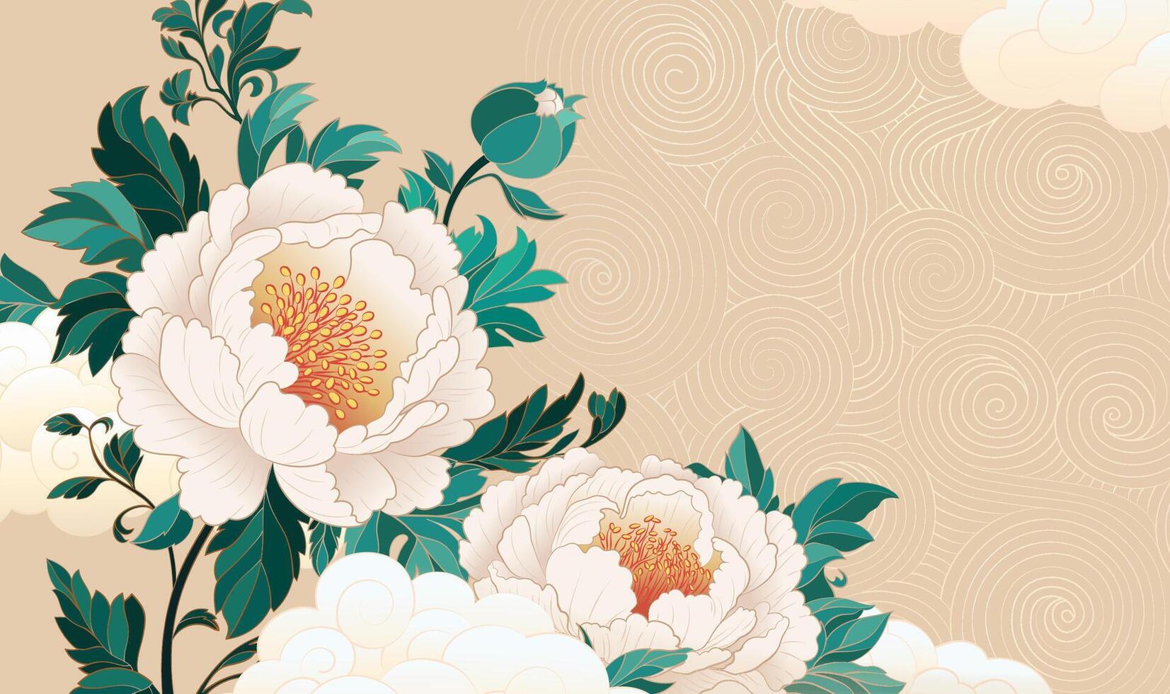 Hand painted Chinese style banner with white peonies blooming among the clouds vector
