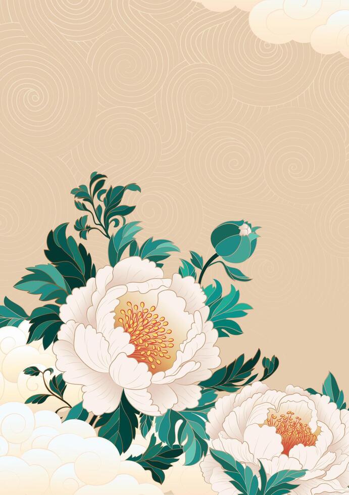 Chinese style poster with white peonies blooming among the clouds vector