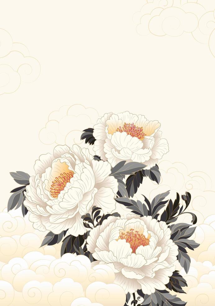 Chinese style poster peonies in full bloom surrounded by clouds vector