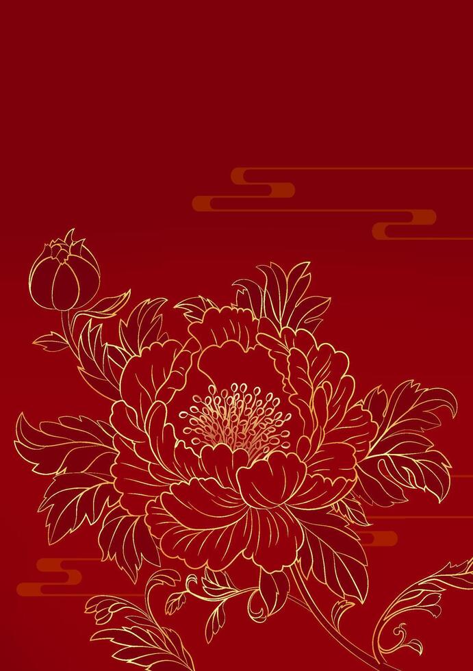 Chinese style poster gold linear peony on red background vector