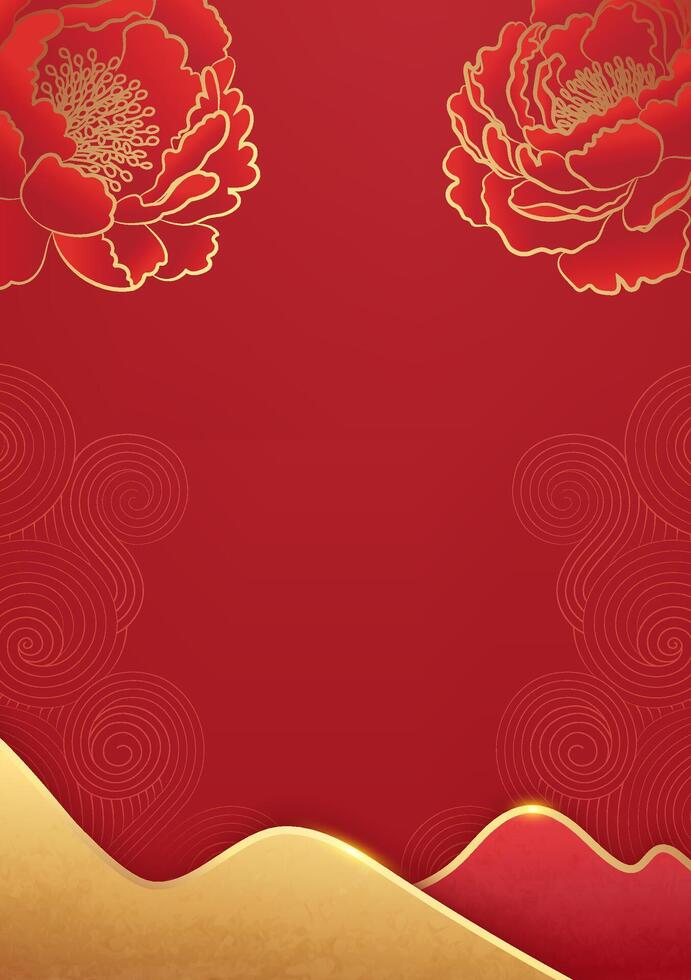 Chinese style banner with red peonies blooming on a red background vector