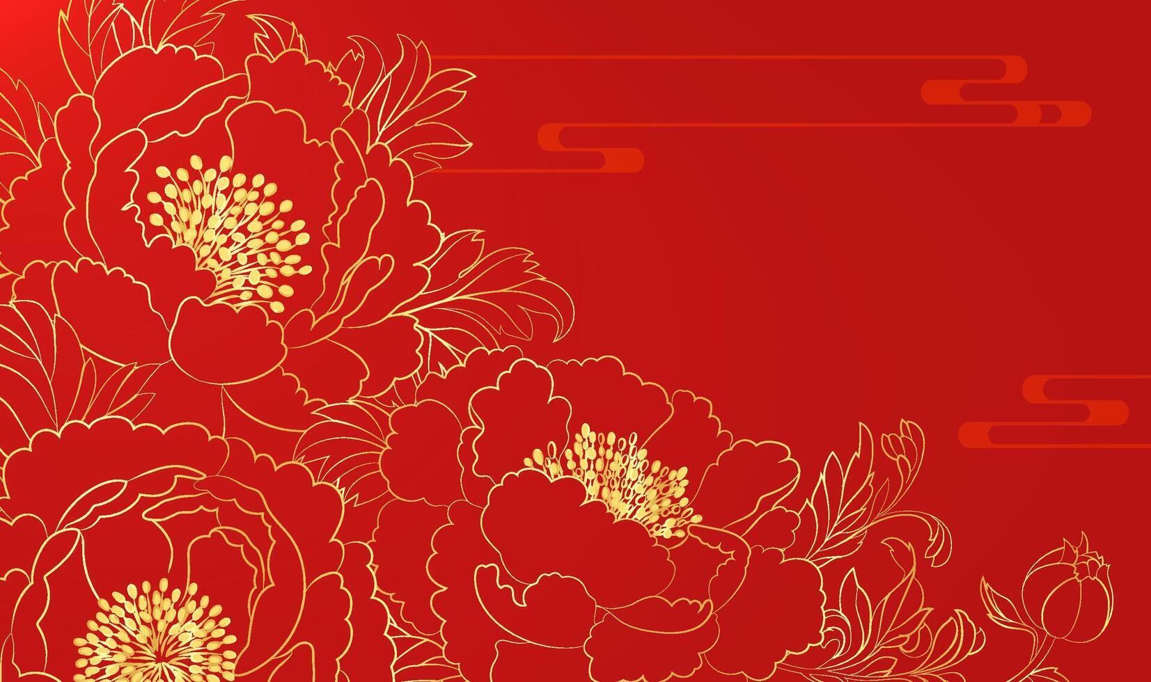 Hand painted Chinese style banner gold linear peony New Year background vector