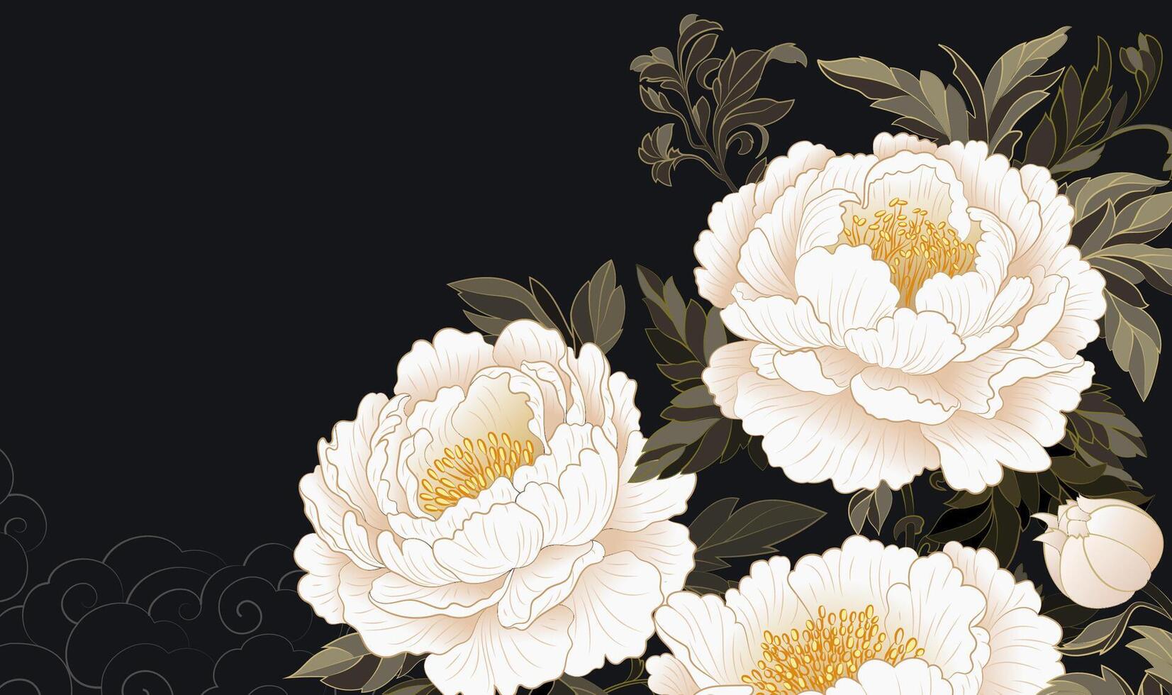 Hand painted Chinese style banner white peonies blooming on a black background vector