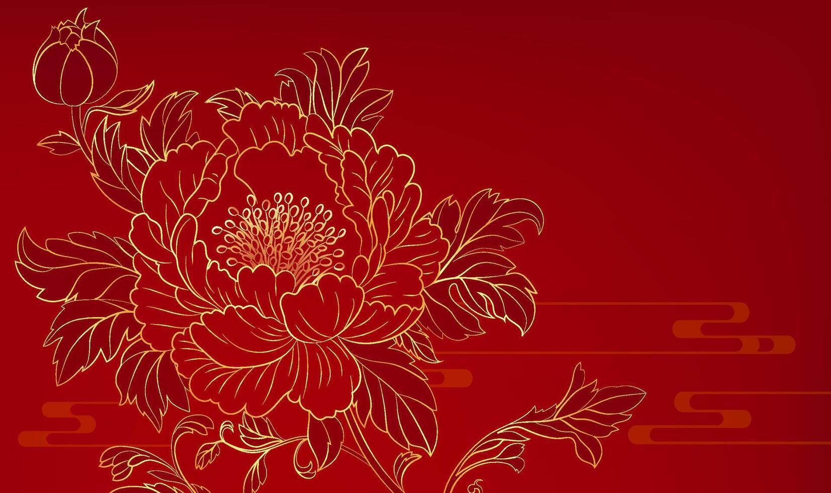 Hand painted Chinese style banner gold linear peony on red background vector