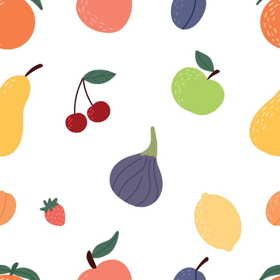 Fruit and berry background, abstract food seamless pattern. Fresh fruits wallpaper with apple, orange, pear, flat icons. Vegetarian grocery illustration. vector
