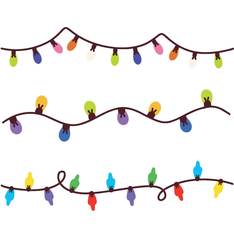 Set of Christmas decorative garlands. New Year's decorations. Light strips with lamps. Neon led bulb. Xmas design elements. Hand drawn. New Year's decor for banners, wallpapers, postcards, packaging. vector