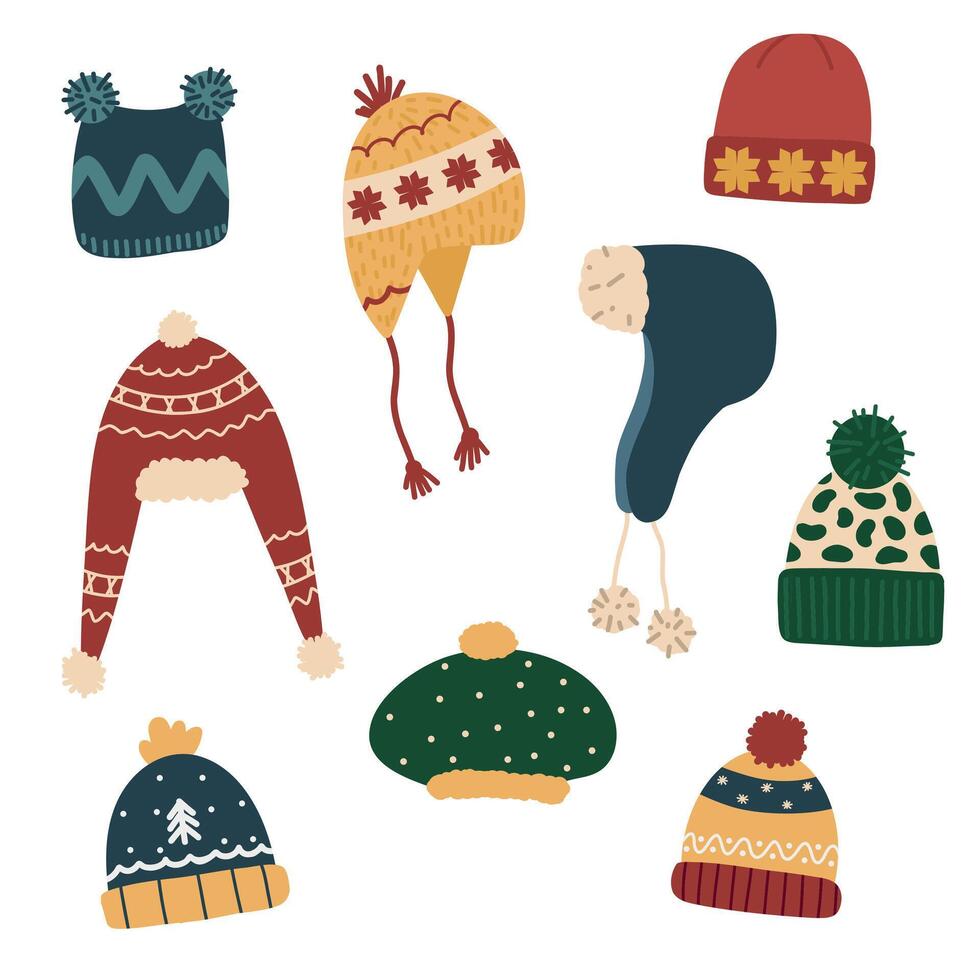 Winter hats set. Modern wool caps. Fashion head accessories, warm wearing for cold weather. Knitted beanies, woolen knitwear in trendy style. Flat illustrations isolated on white background vector